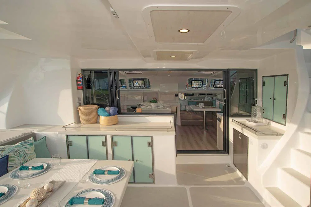 Flybridge lounge aboard SONG BIRD charter catamaran